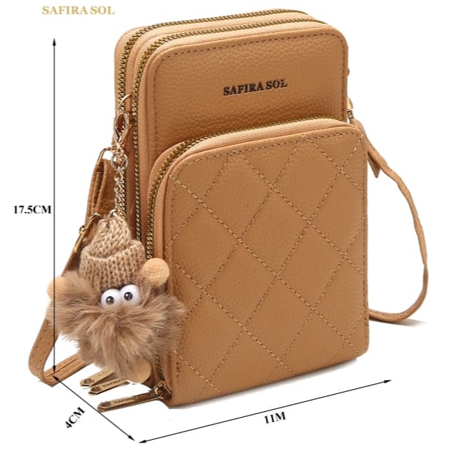 Bolsa Transversal Feminina Porta Celular com 3 Divisorias Transversal 3 Ziper com chaveiro LT632