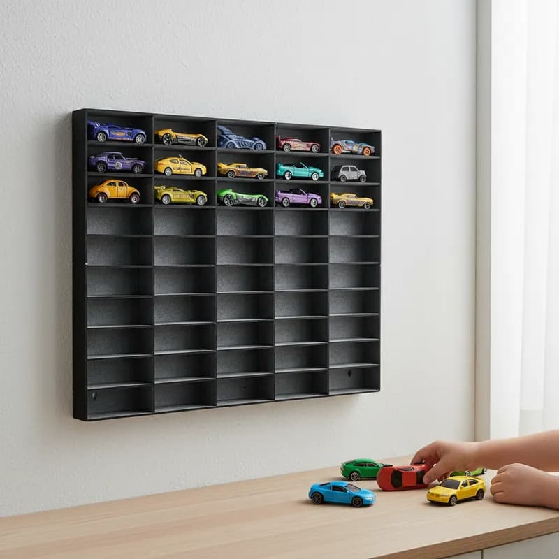 Organizador de Carrinhos Hot Wheels em MDF Modelos Cru e Preto Para 50 Miniaturas