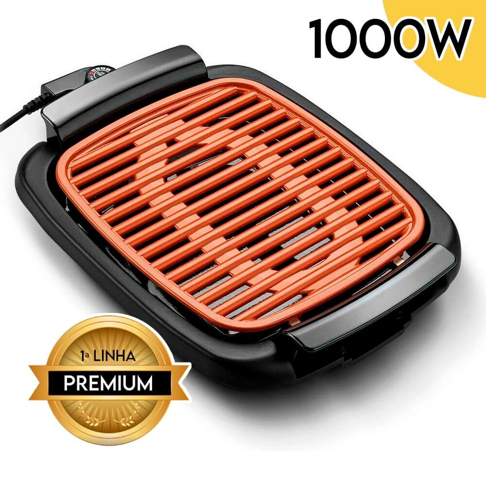Churrasqueira Elétrica Portátil Gourmet Grande 110v Anti Fumaça 1000W 40cm Grill PREMIUM