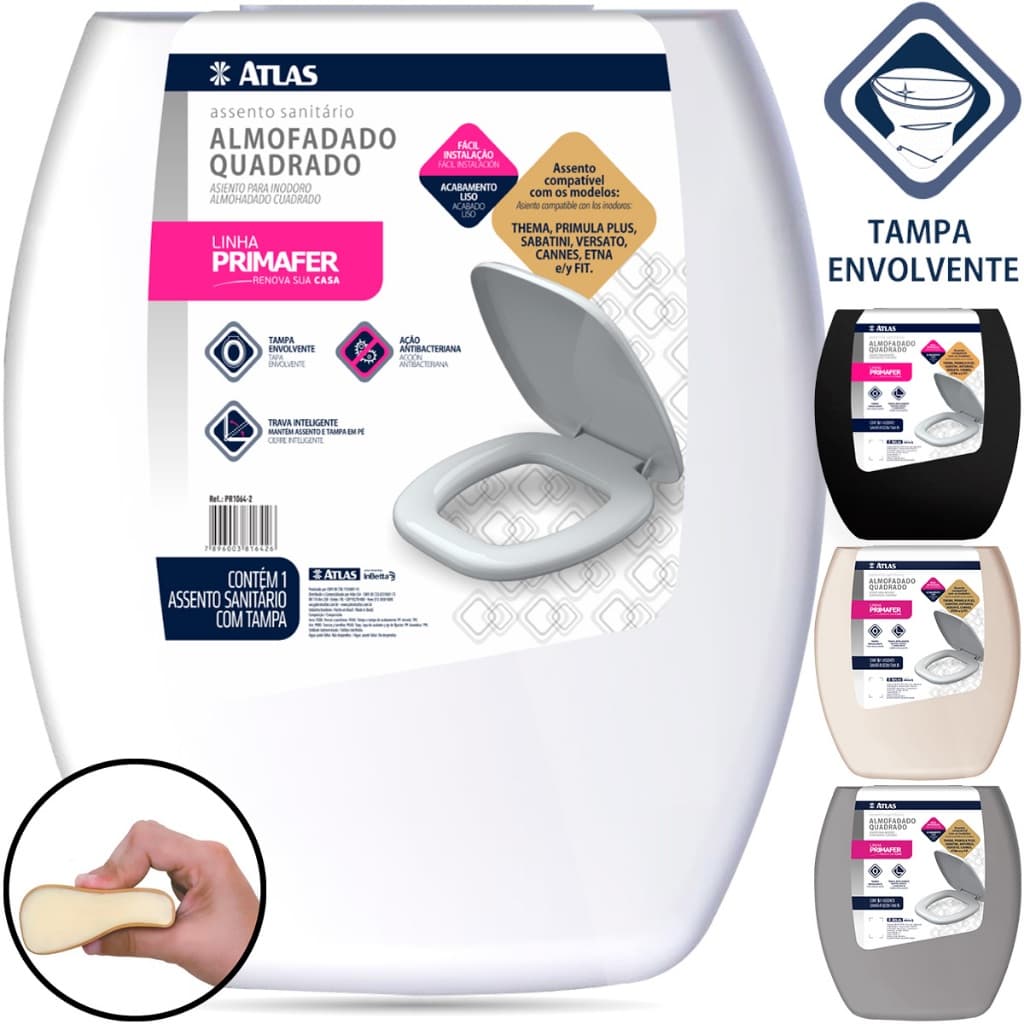 Assento Sanitário Clássico Almofadado Retangular Thema Atlas Primula Sabatini Anturius Versato Cannes Etna Fit