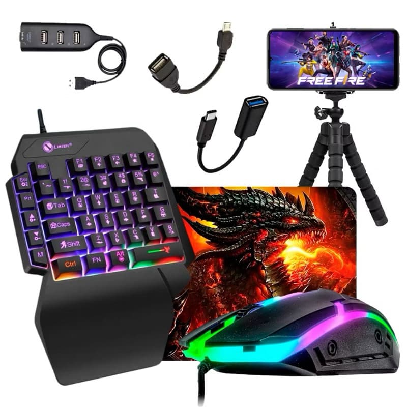Kit Mobilador One Hand Gamer Completo Para Celular Com Teclado + Mouse Gamer Led RGB