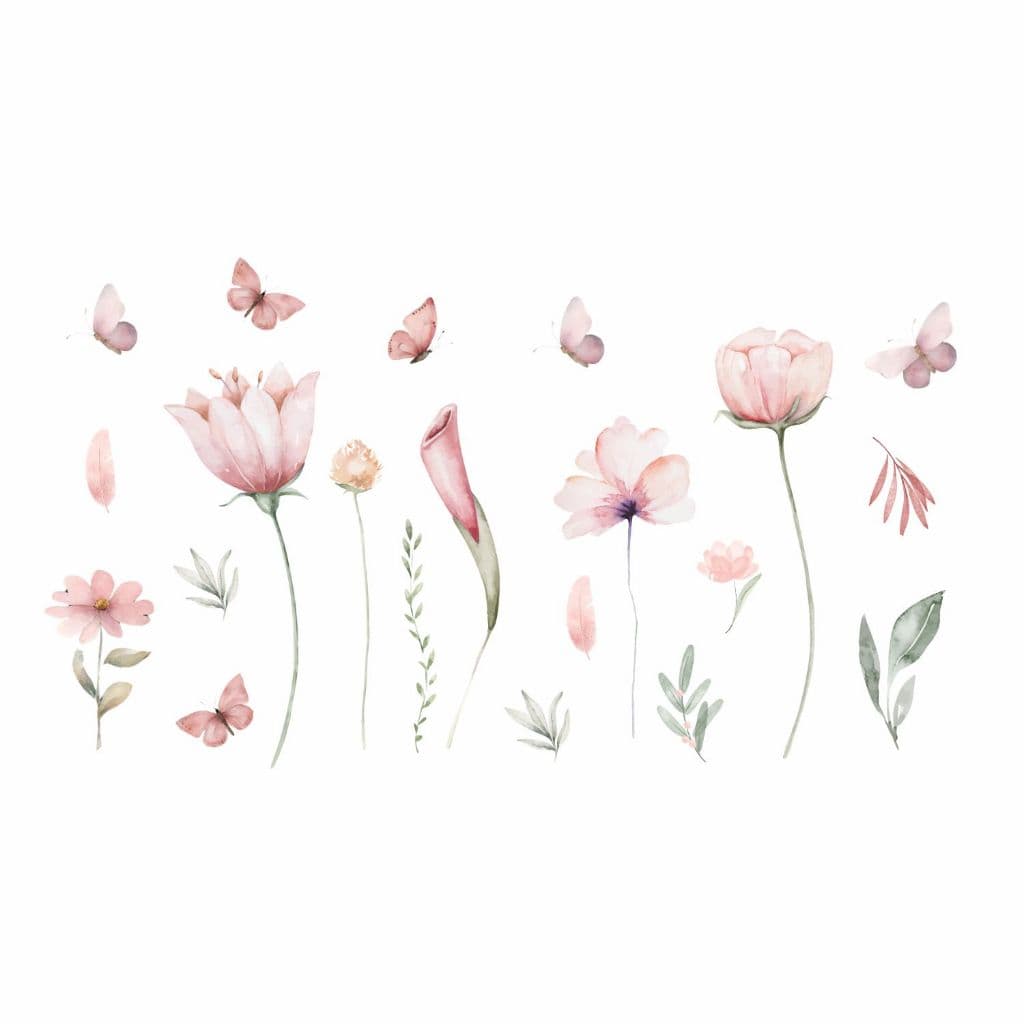 Adesivo De Parede Em Recorte Sem Fundo Flores Raminhos Jardim Borboletas Rosa