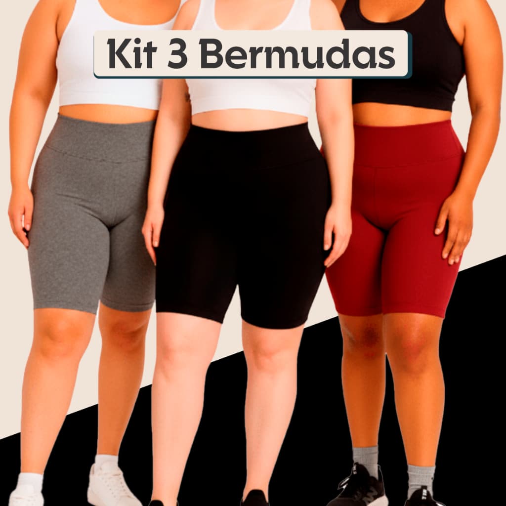 Kit 3 Bermudas Fitness Plus Size Reforçadas Cós Alto Confortáveis Dia a Dia
