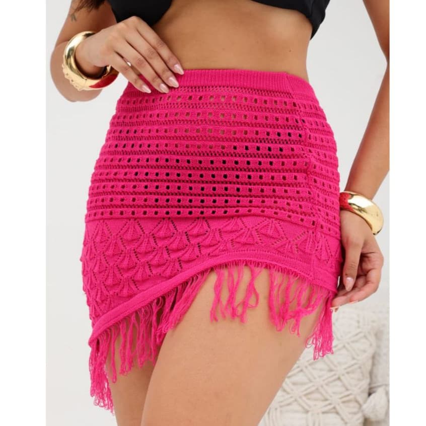 Saia Saída de Praia Feminino Tricot Modal com Franjas Assimétrica Roupa Feminina Verão 2025 Piscina