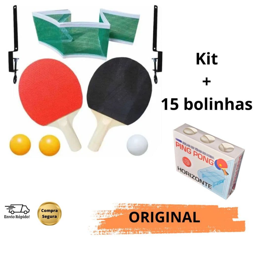 Kit Ping Pong Tênis de Mesa com 15 bolinhas + 2 Raquetes Premium + Rede Completo Esporte Diversão