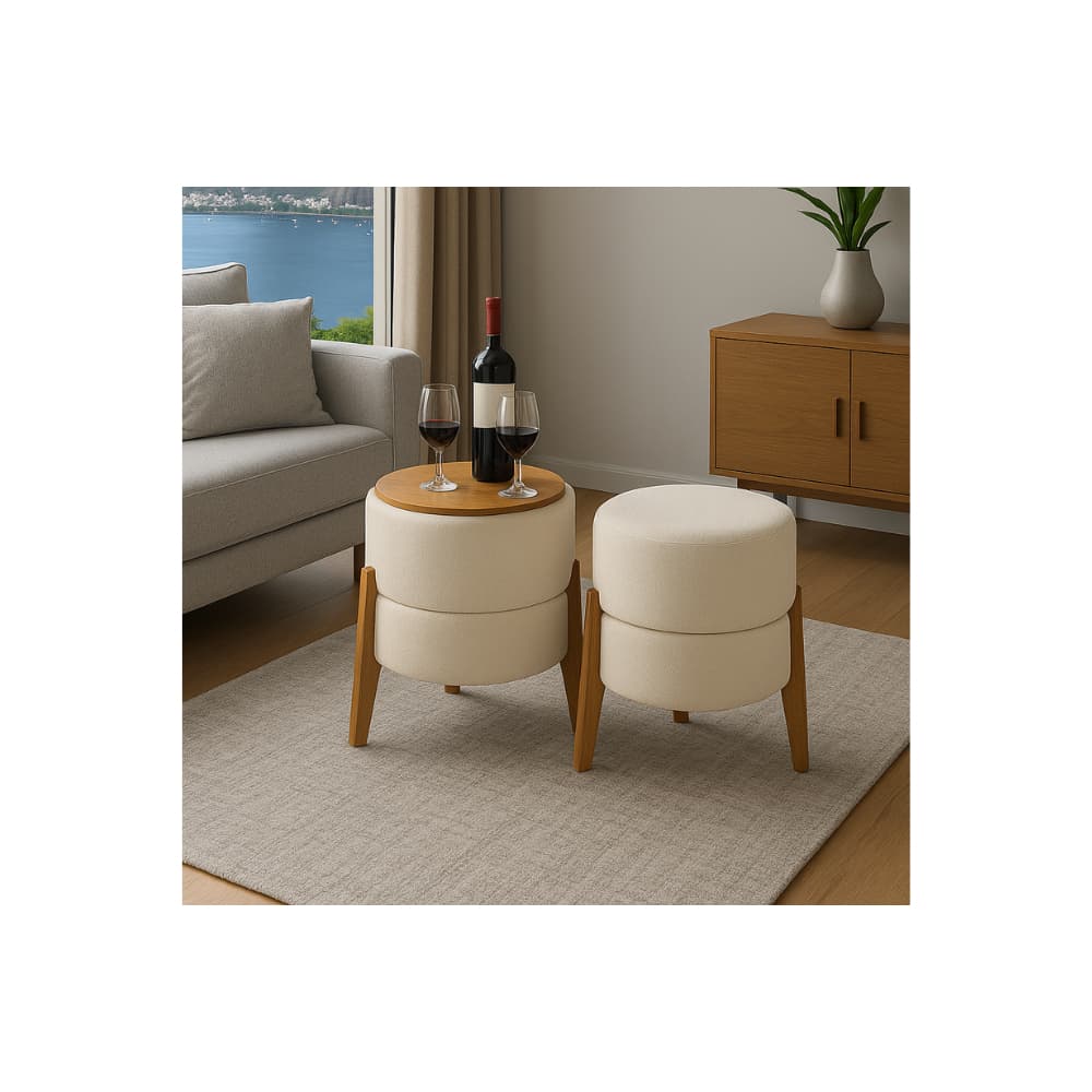 Kit 2 Puffs Mesinha(Original) Bouclé Pés De Madeira Maciça