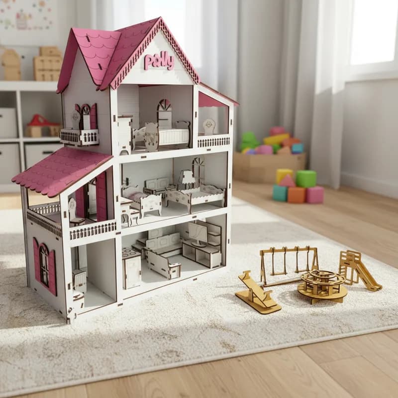 Casa de Boneca com Moveis e Parquinho Miniatura Casinha Brinquedo Kids Infantil mdf acabamento