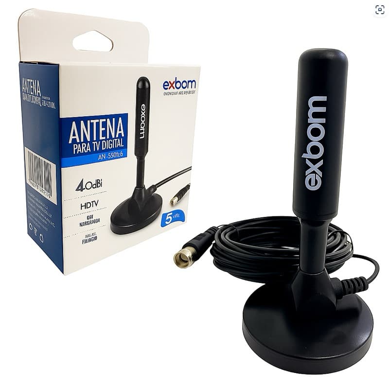 Antena Digital HDTV Interna e Externa 360° À Prova D’Água Base Magnética 5m Cabo Compatível TV e Conversor