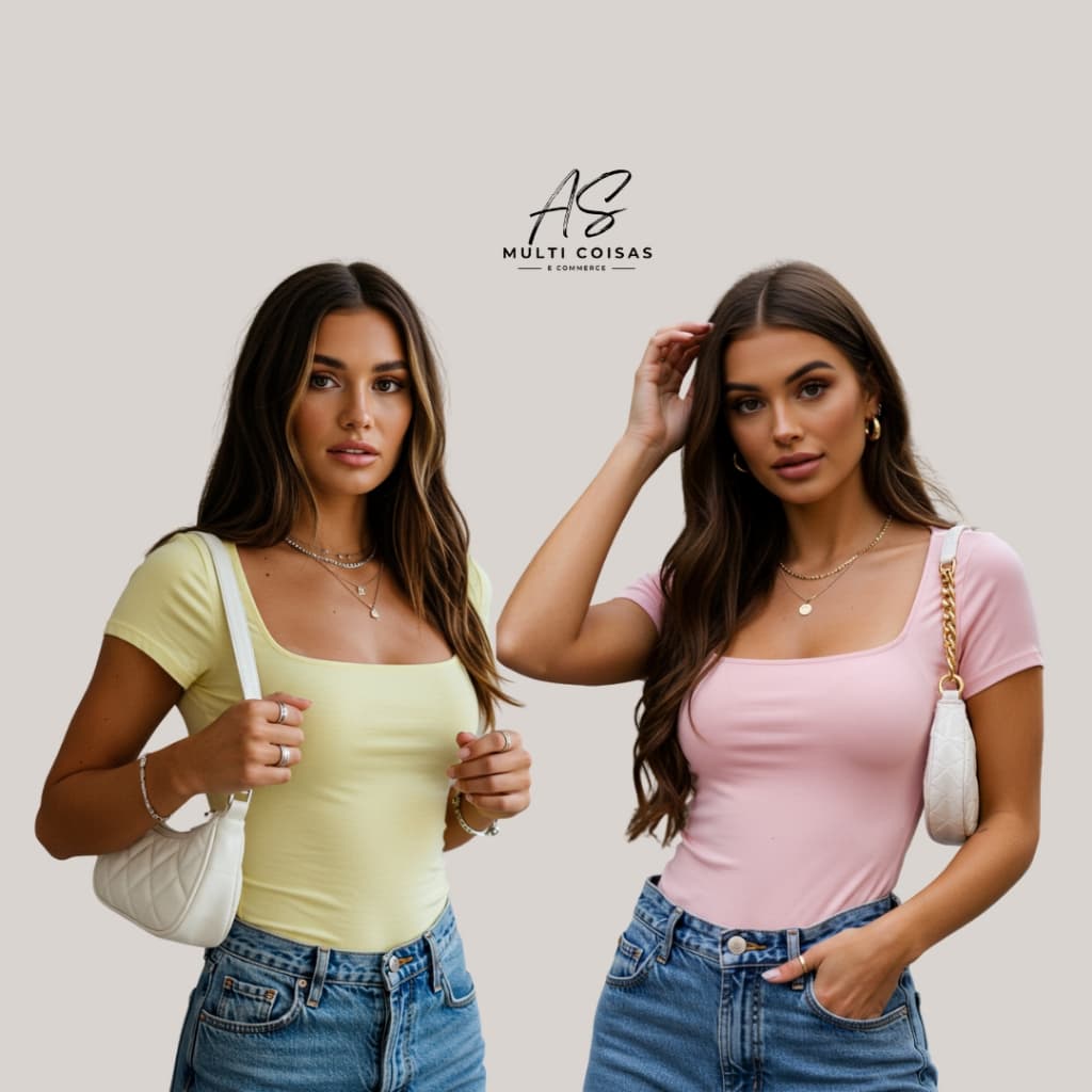 KIT COM 2 BLUSINHAS BABY LOOK COM MANGA CURTA BÁSICAS COM DECOTE QUADRADO VARIAS CORES VERÃO DIA A DIA