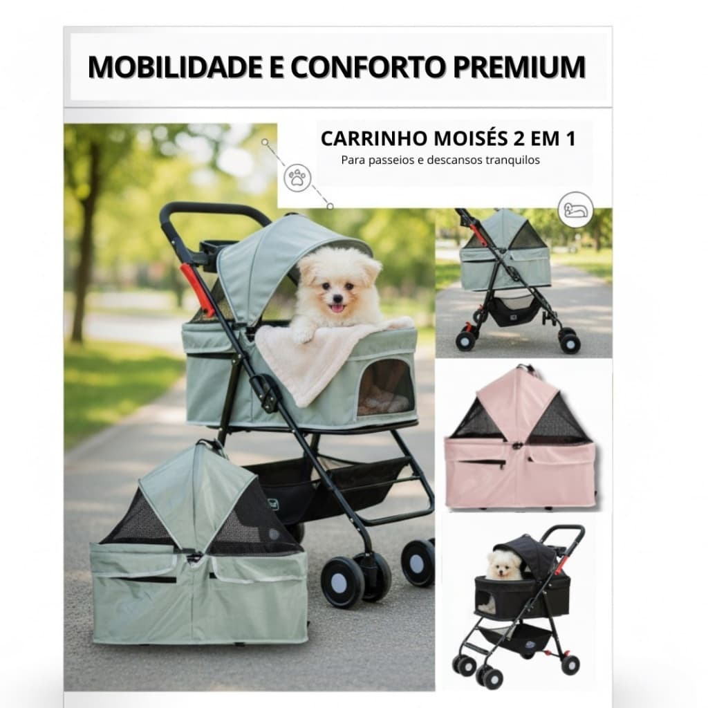 Carrinho de Passeio Pet Animal Estimação Cães Gatos Até 15kg Porta Copo Dobrável Cinza Preto Rosa