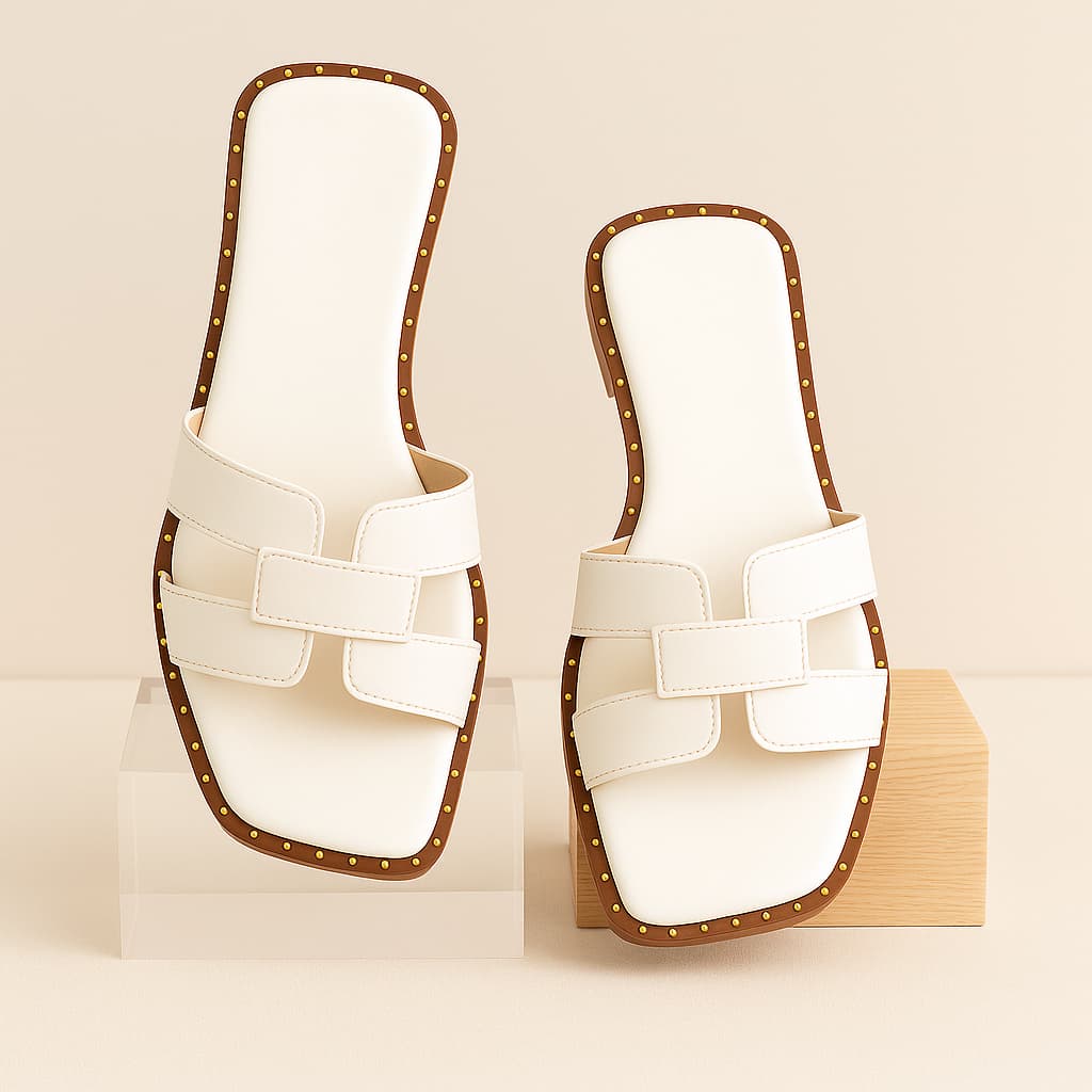 Sandália Feminina Rasteira H Couro Com Tachas Leve Confortável Bico Quadrado