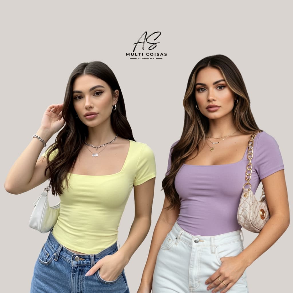 KIT COM 2 BLUSINHAS BABY LOOK BASICAS MANGA CURTA COM DECOTE QUADRADO NOVIDADE VERÃO