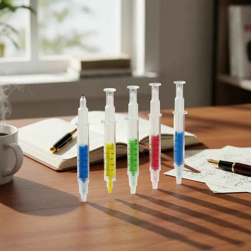 Kit 21 Canetas Esferográficas Com Marca Texto Formato Seringa