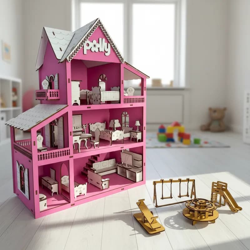 Casa De Boneca Brinquedo Infantil Em Mdf Colorido - Casa + 19 Mini Móveis