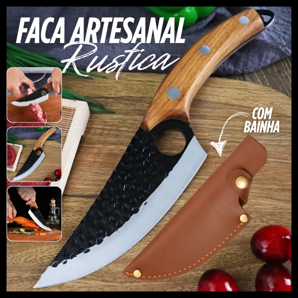 Faca Chef Artesanal Rustica Com Bainha Churrasco Desossar Carne Camping Cozinha Olho De Tigre