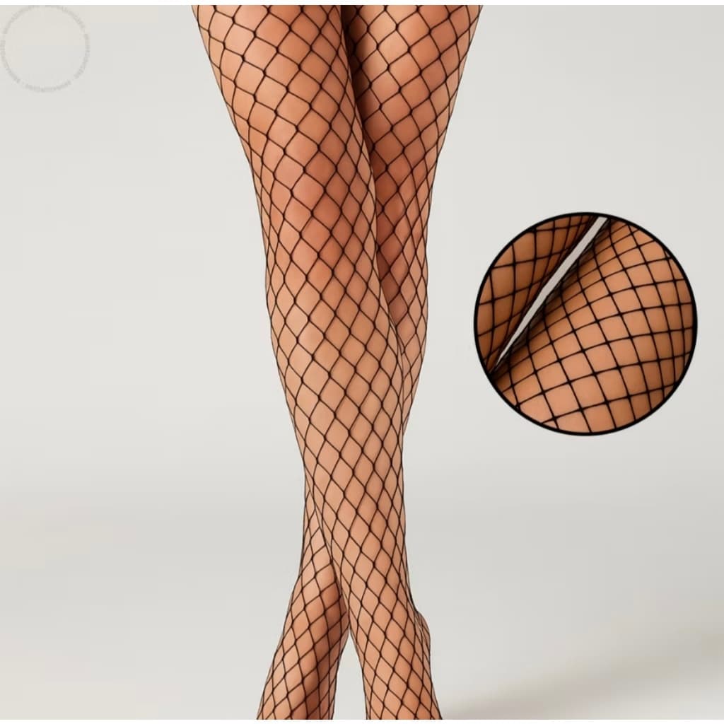 Meia Calça Arrastão Elástica Trama Grande Médio  Cor Preta Cós Alto Adulto Gótica