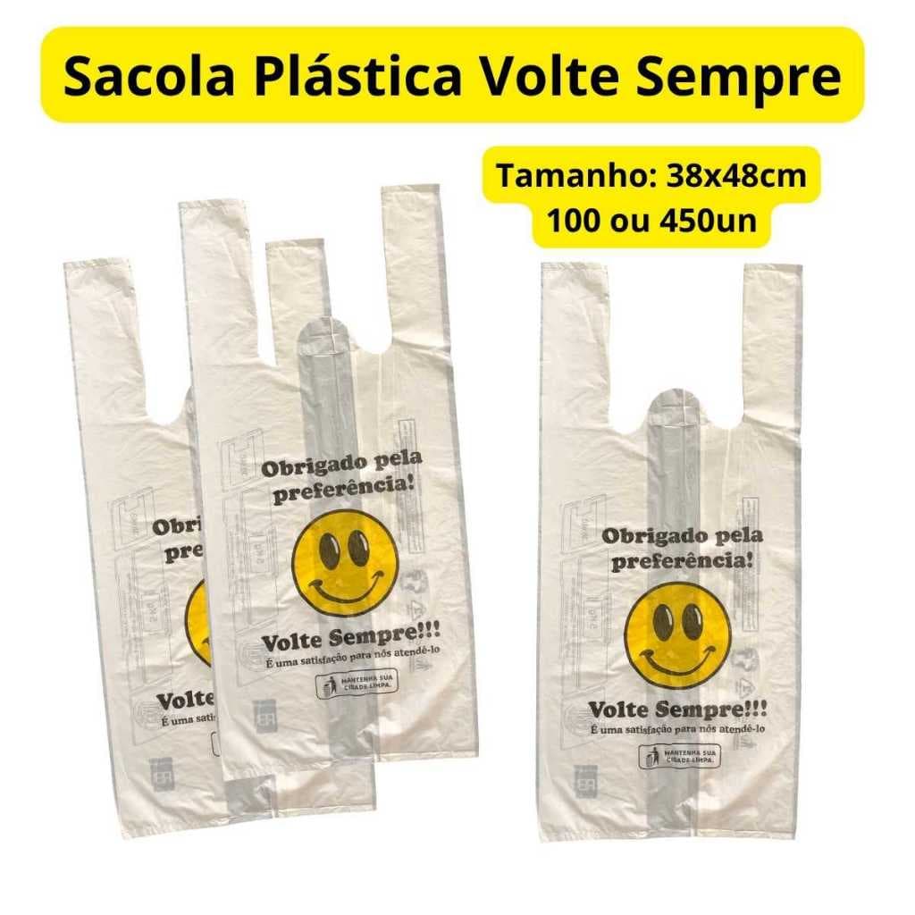 Sacola Volte Sempre Sacolas Plásticas 100un ou 450un com Estampa Sorriso Resistentes para Supermercado e Comércio