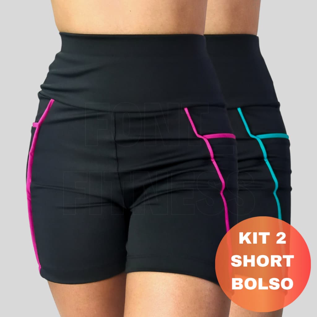 Kit 2 Shorts Com Bolso Feminino Academia Lateral Fitness Cintura Alta Cós Alto Zero Transparência
