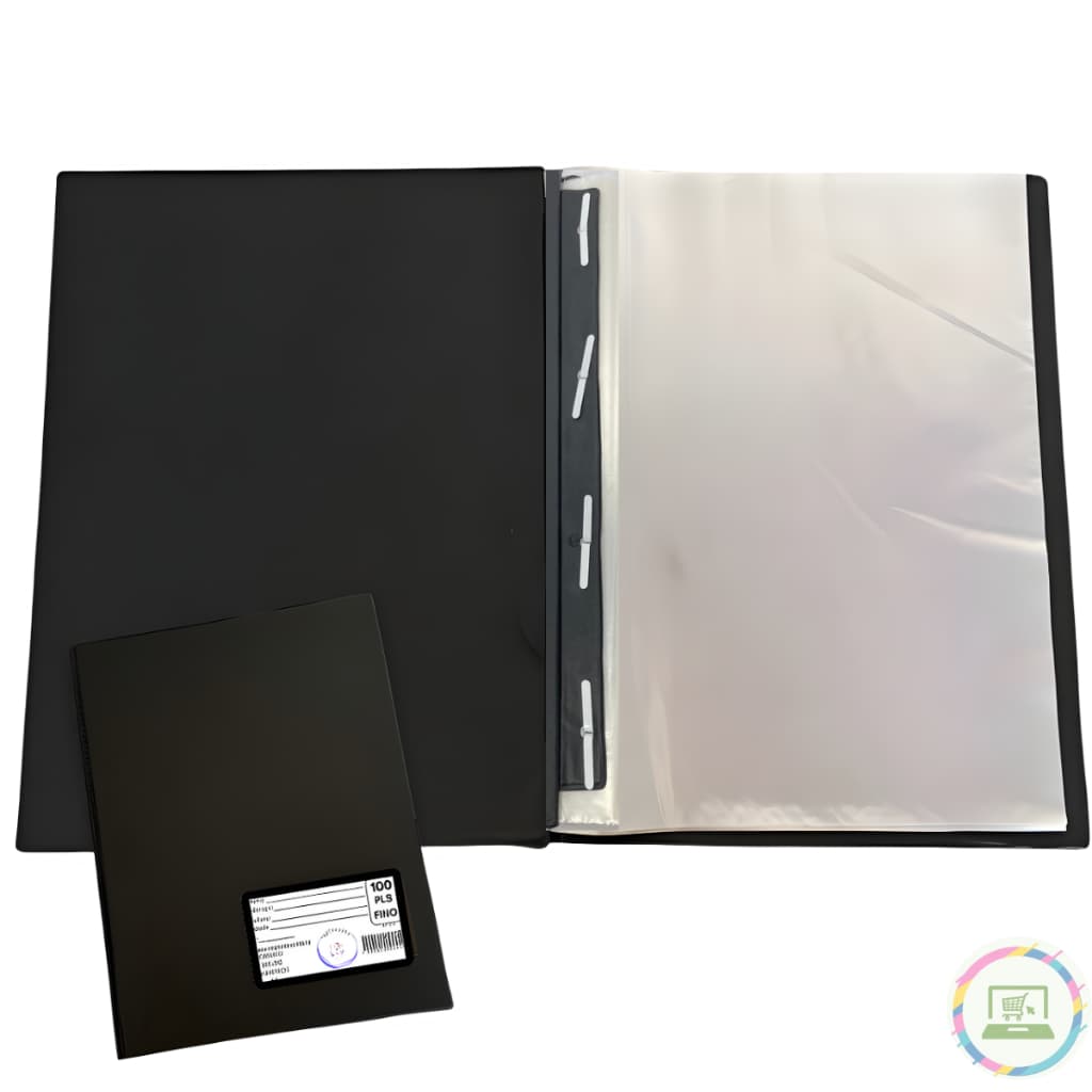 Pasta Catálogo A4 Com 100 Envelopes Plásticos / Cor Preto Organizadora de Documentos / Visor na capa