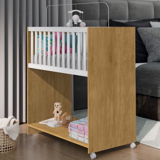 Mini Berço com Colchão 2 em 1 Compacto unisex para Quarto de Bebê Branco Rosa Madeirado