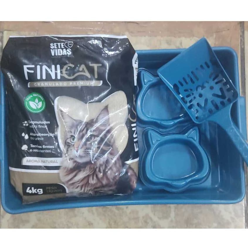 areia para gato Finicat 4kg + Caixa de Areia + 2 Comedouros + Pá