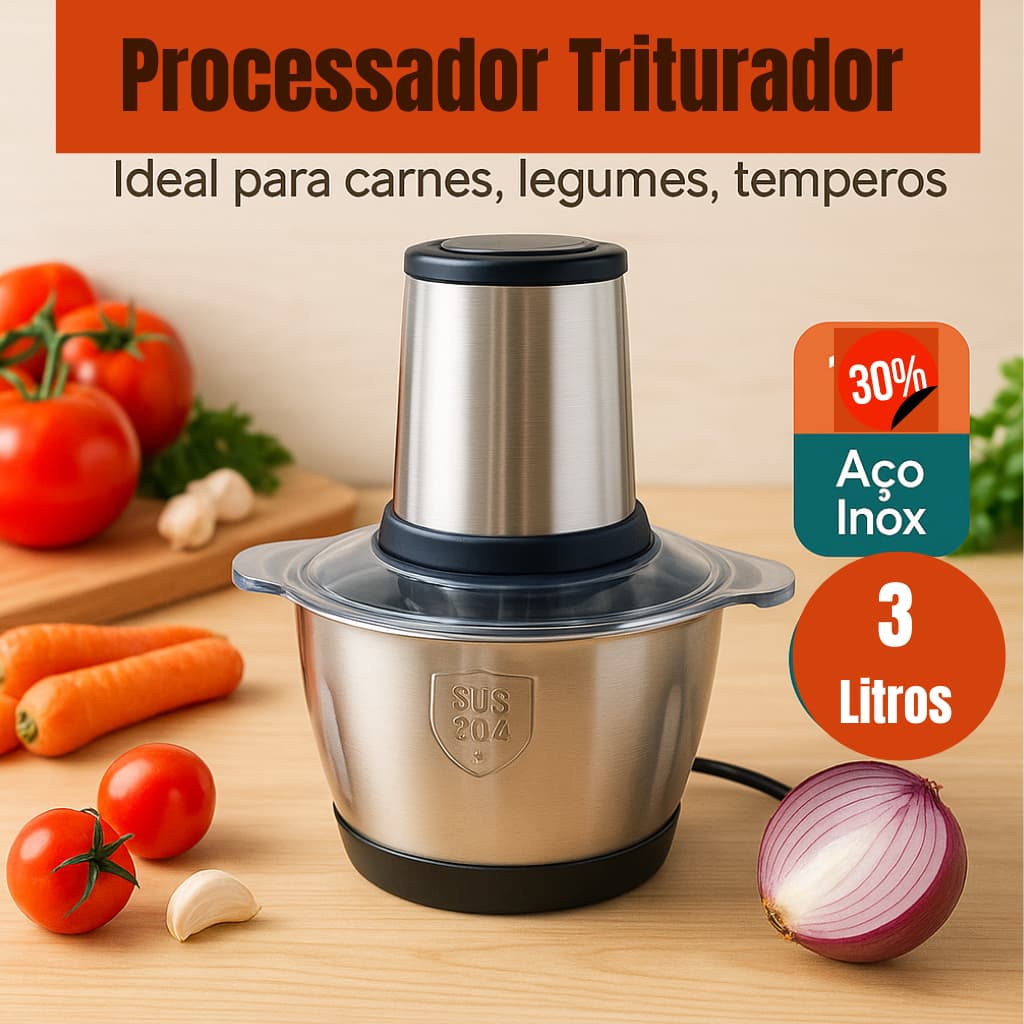 Processador Triturador Elétrico 3 Litros 2 Velocidades Moedor de Alimentos Carnes Verduras