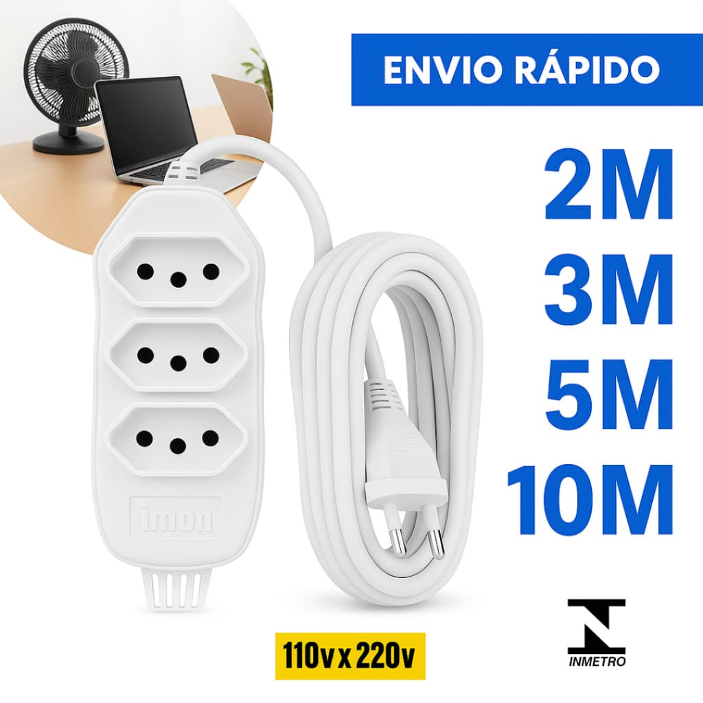 Extensão Elétrica Branca 10 Metros Bivolt Tomadas Tripolares Bivolt 110/220 RESISTENTE