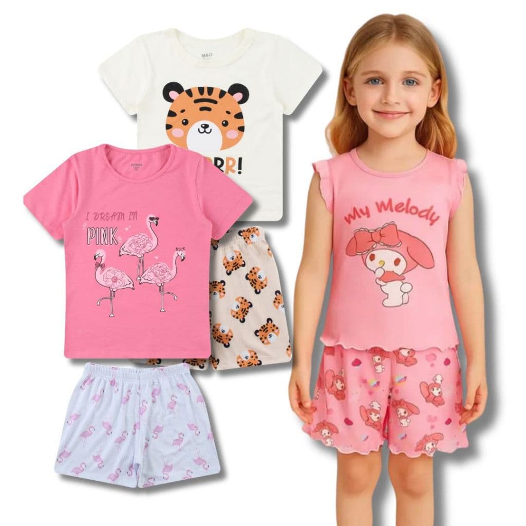 Kits Conjuntos Sortidos Pijama Infantil Feminino Menina Juvenil Algodão Camiseta + Shorts Verão