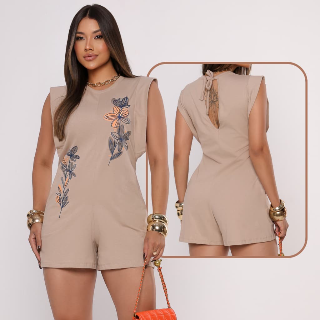 Macaquinho Curto Casual Manga Aba Japonesa algodão premium Estampa floral Bolso Fenda Laço Costa