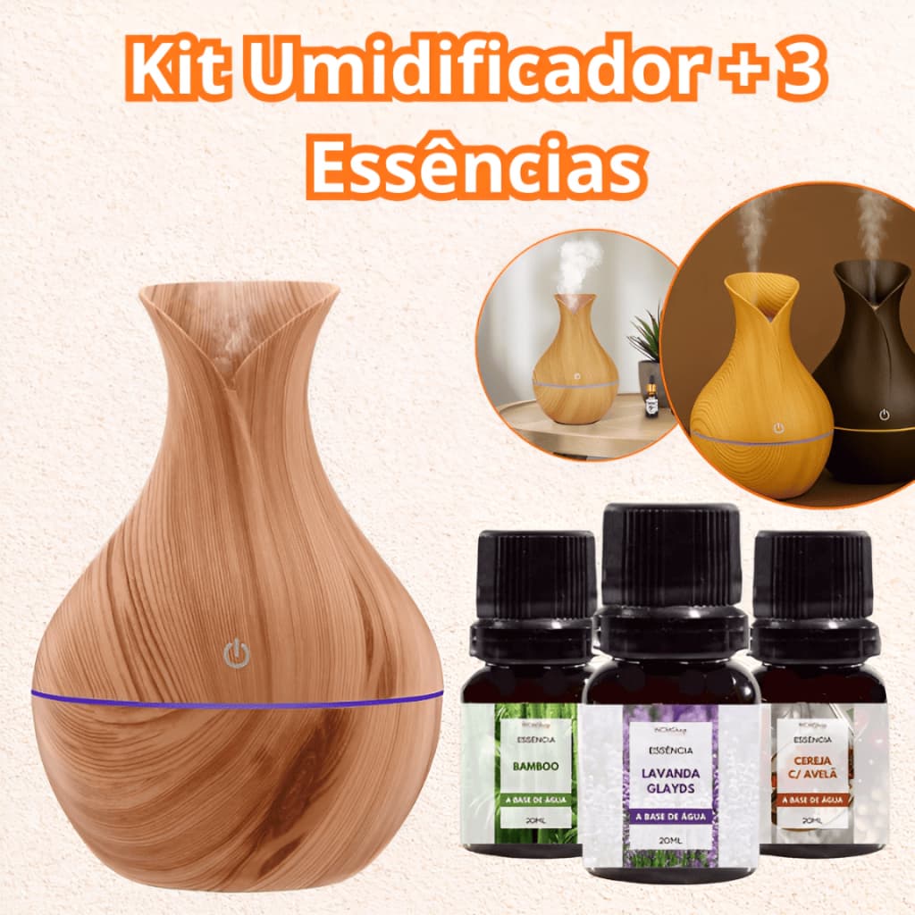 Kit Umidificador De Ar + 3 Essências 10ml | Difusor Aromatizador Vaso Escolha Seu Modelo Atomizador