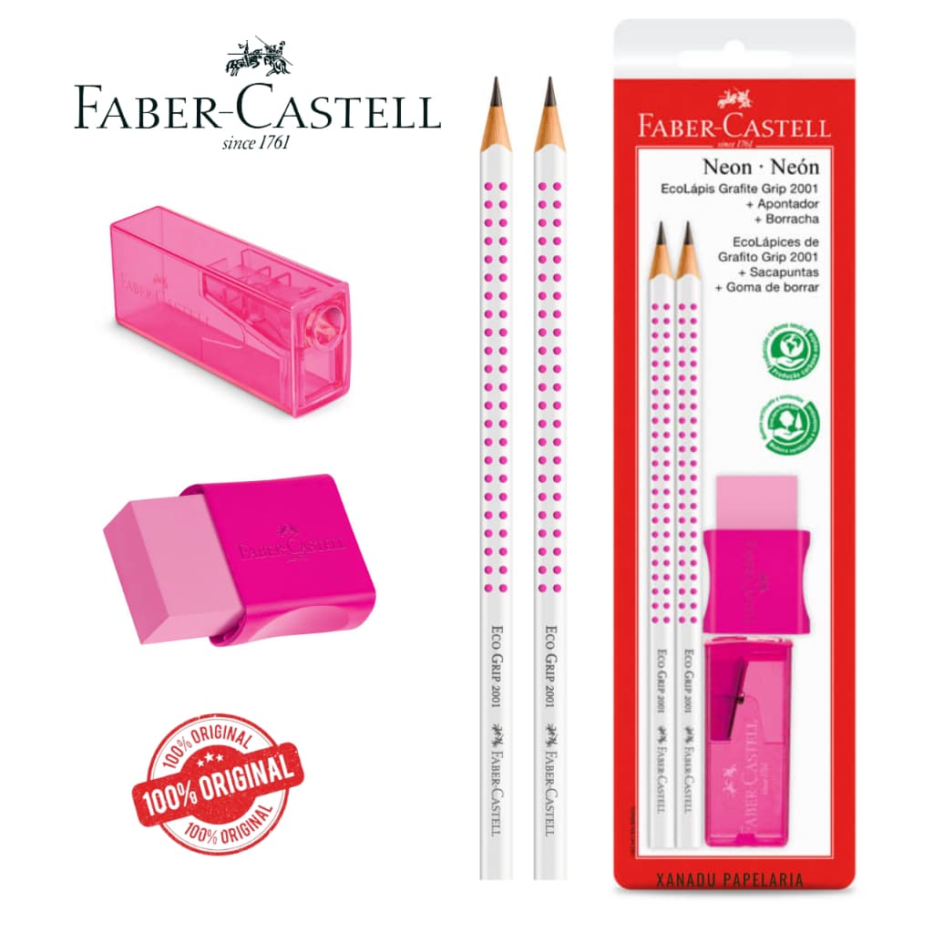 Kit Grip 2001 Neon Rosa EcoLápis Grafite 2B+ Apontador + Borracha Faber-Castell ORIGINAL