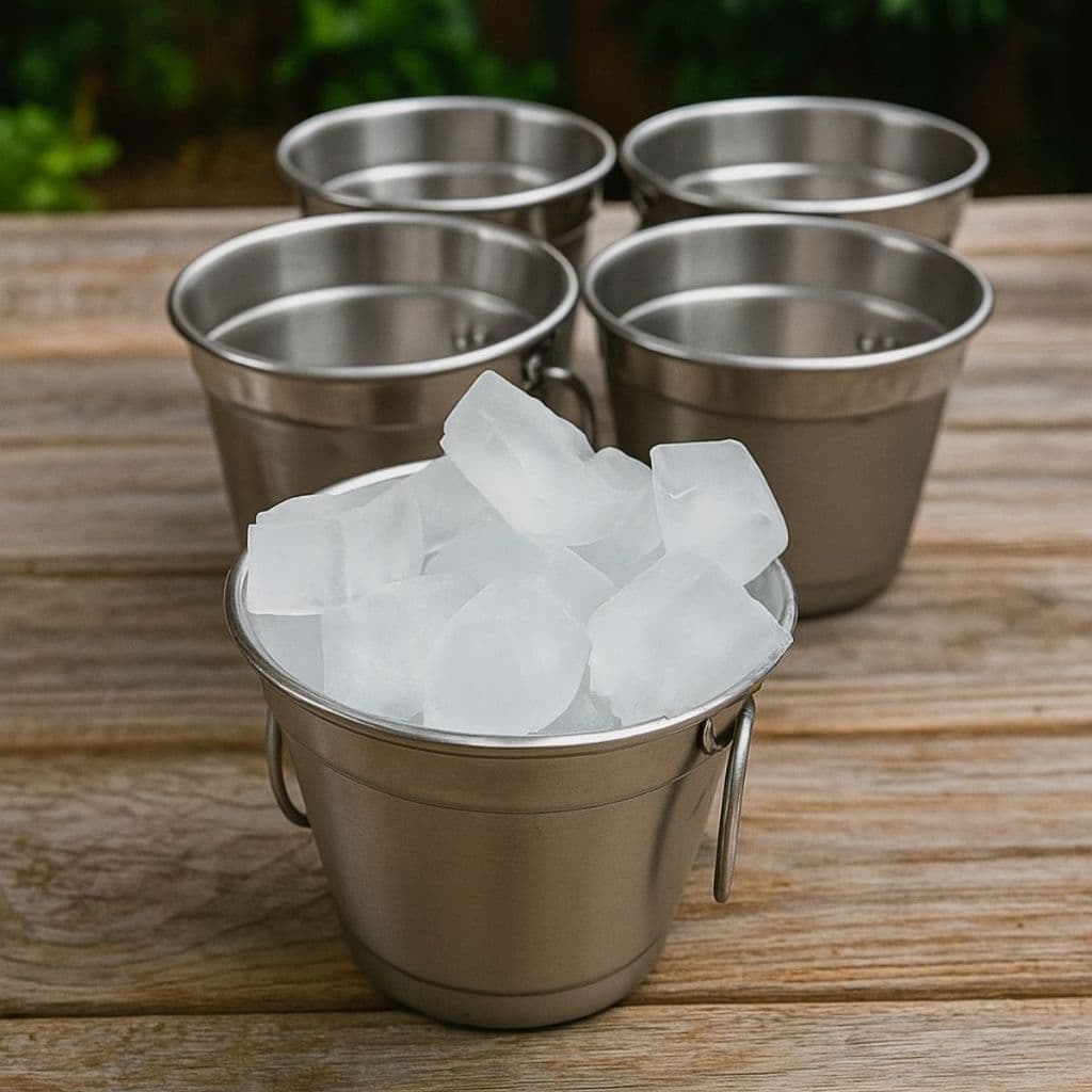 Kit 5 Mini Baldes Gelo Alumínio Escovado ou Polido com Duas Alças 500ml p/ Decoração Bebidas Festas