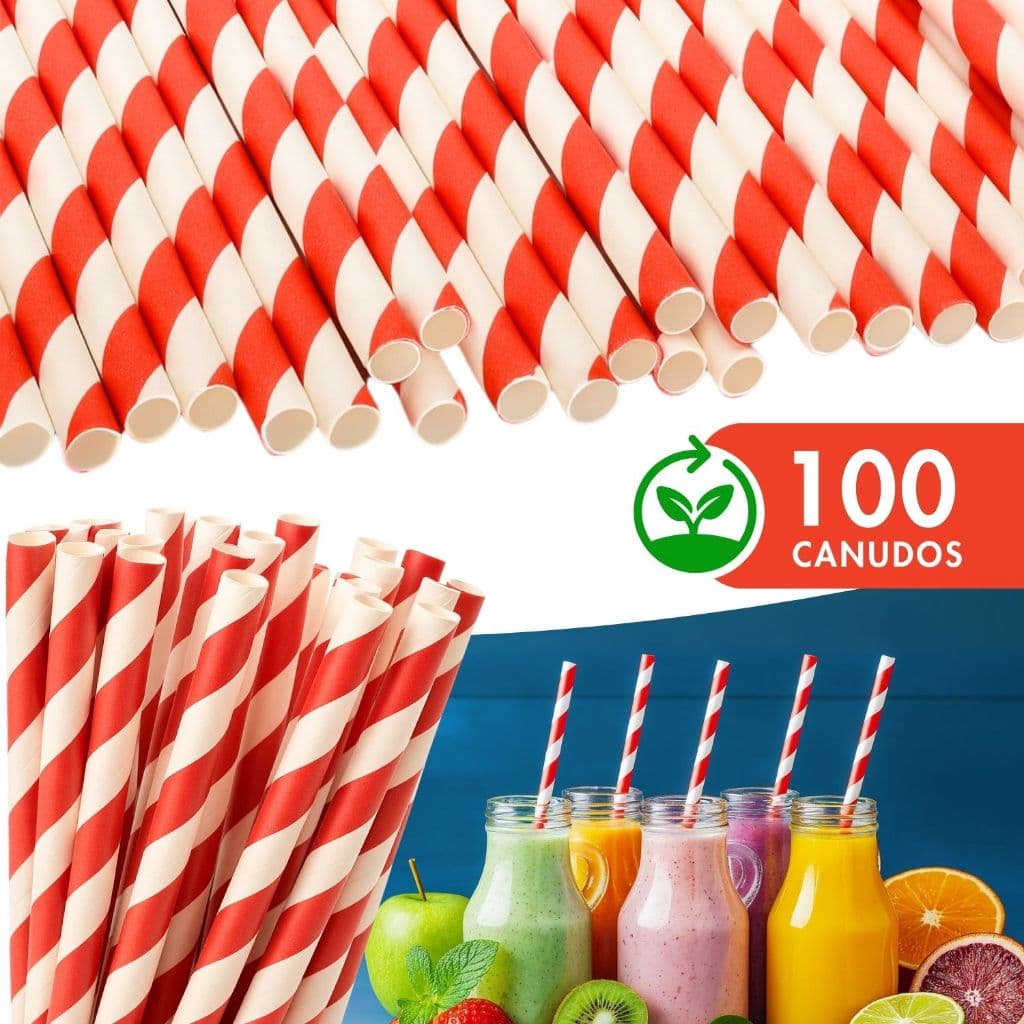 Kit 100 Canudos De Papel 10mm Grosso Biodegradável Listrado Para Milk-Shake Drink Topo de Bolo Festa
