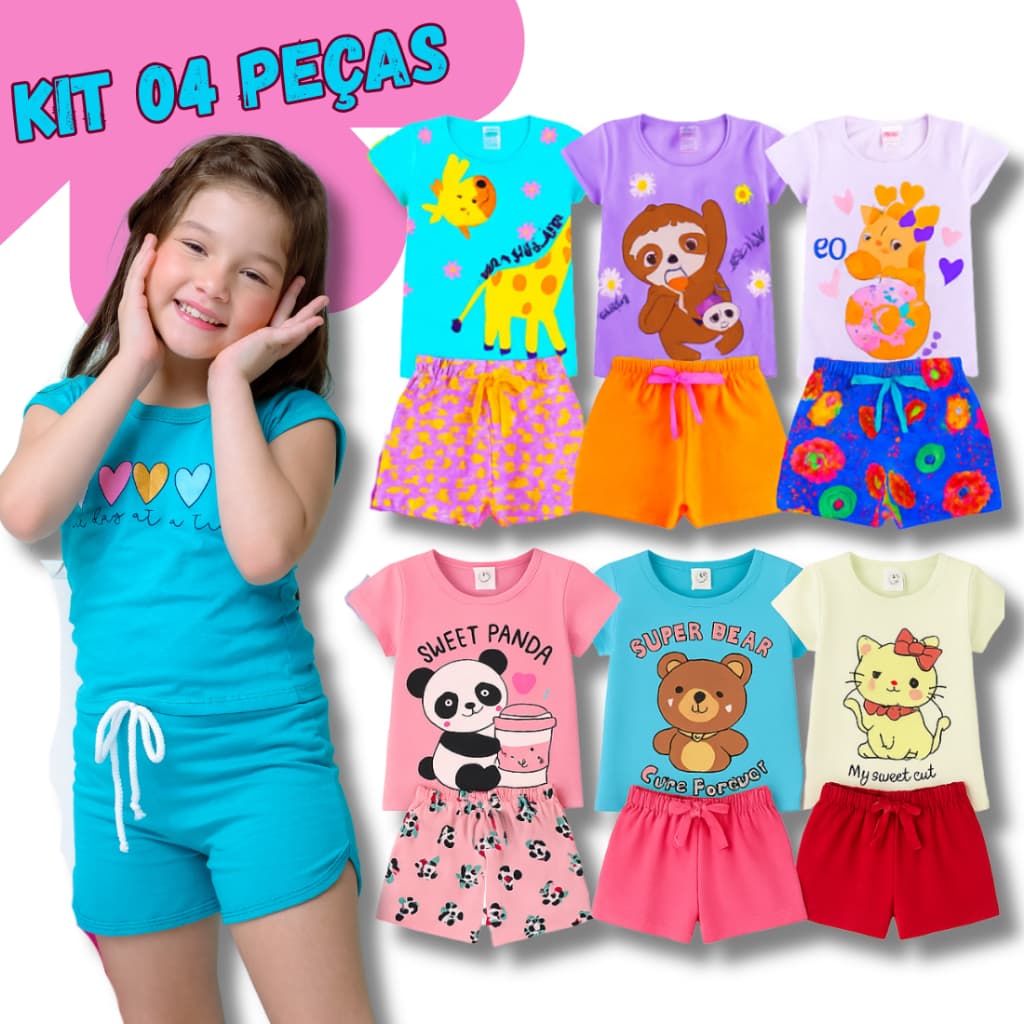 Kit de 04 e 02 Peças Conjunto Infantil Menina Verão Look Roupinha Bebê Algodão