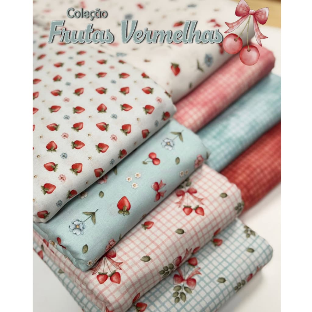 Tecido Tricoline Coleção Frutas vermelhas e cerejas 50cmx150cm - Fricotes Fuxicos Digital 100%algodão