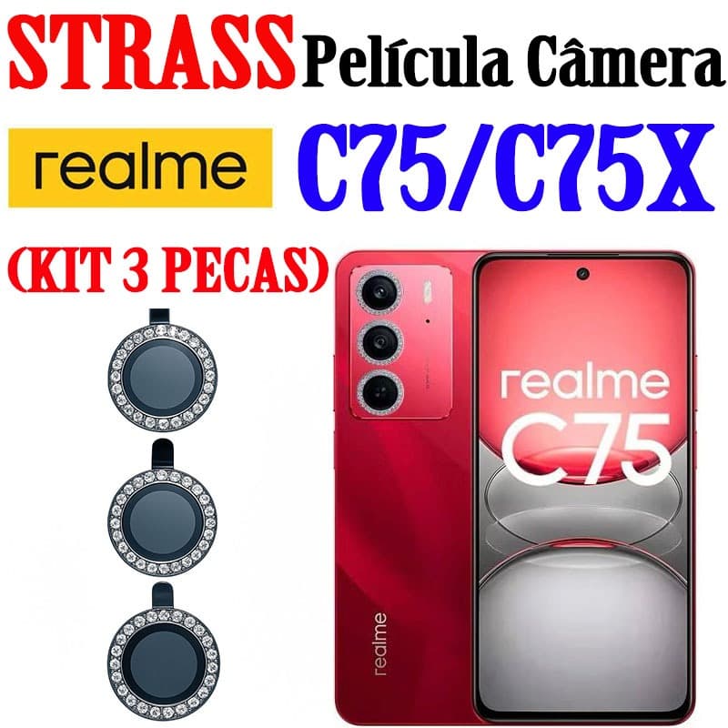 (KIT 3 PEÇAS )PELÍCULA CÂMERA DIAMANTE STRASS PARA REALME C75/C75X
