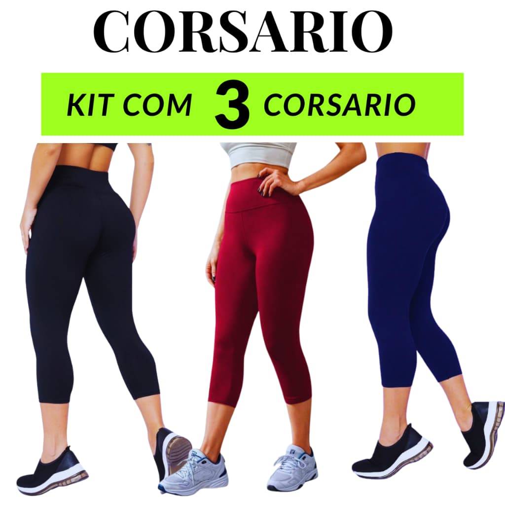 KIT 3 Corsario Feminino capri academia cintura alta legging capri