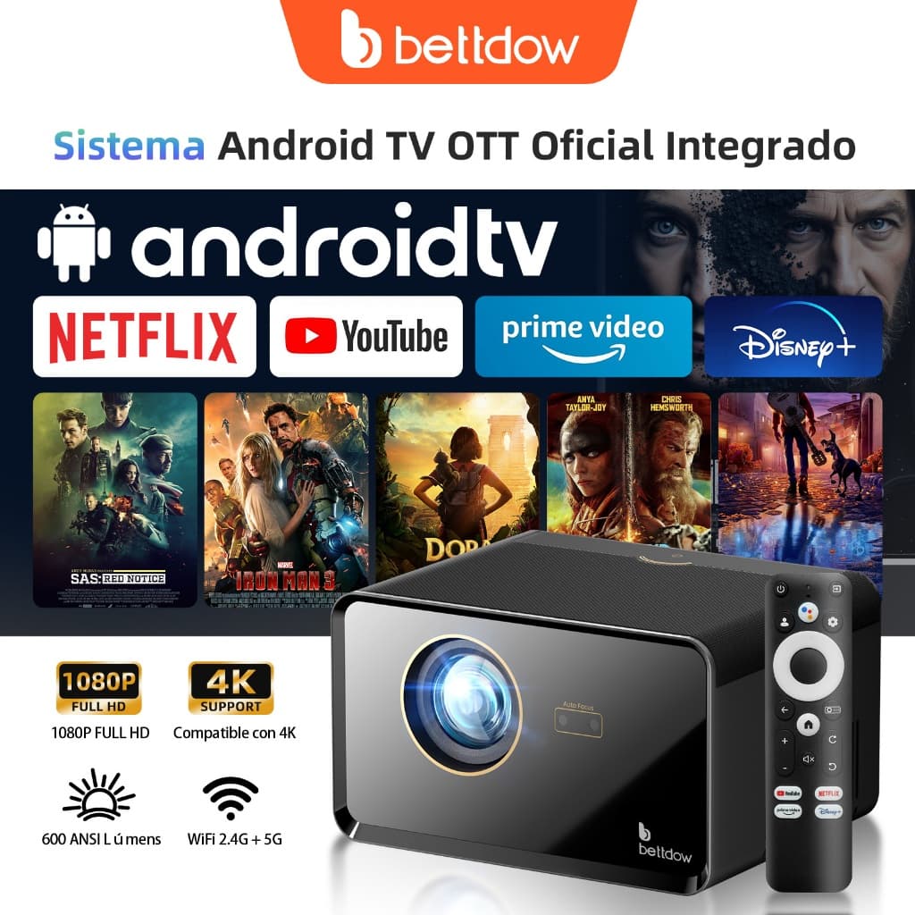 O projetor Bettdow Netflix 4K HD possui 600ANSI  de brilho e é compatível com foco automático do Google TV e áudio