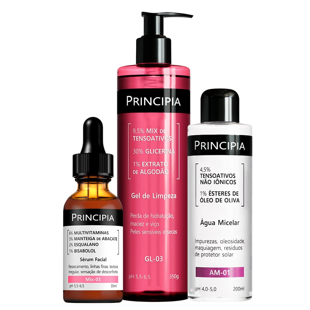 Principia Kit Rosa Peles Sensíveis c/ Gel de Limpeza GL-03 + Água Micelar AM-10 + Sérum Multirreparador MIX-03