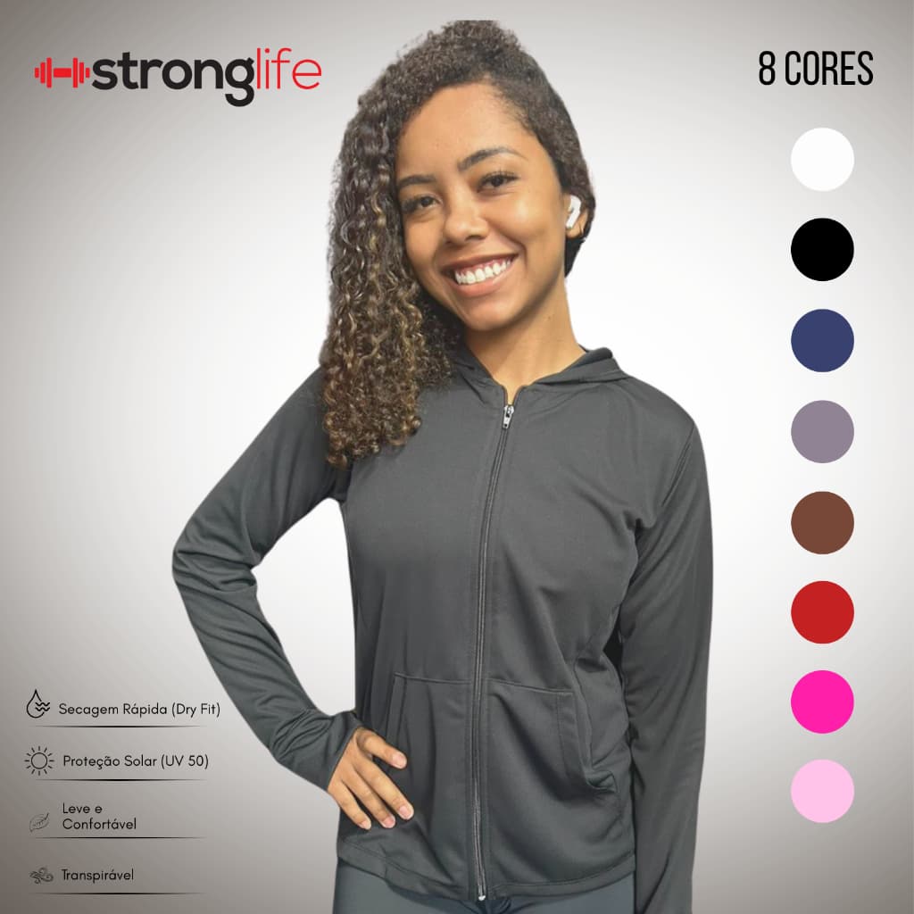 Casaquinho Casaco Jaqueta Jaquetinha feminina Capuz bolso Dry Fit Proteção  Uv50+ Treino Academia Ziper Leve Confortavel