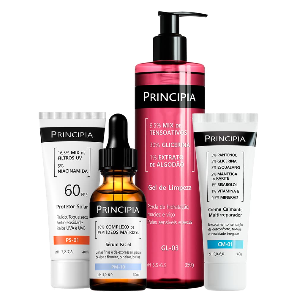 Principia Kit Antissinais Peles Sensíveis c/ Gel de Limpeza GL-03, Creme CM-01, Sérum PM-10, Protetor Solar PS-01 FPS 60