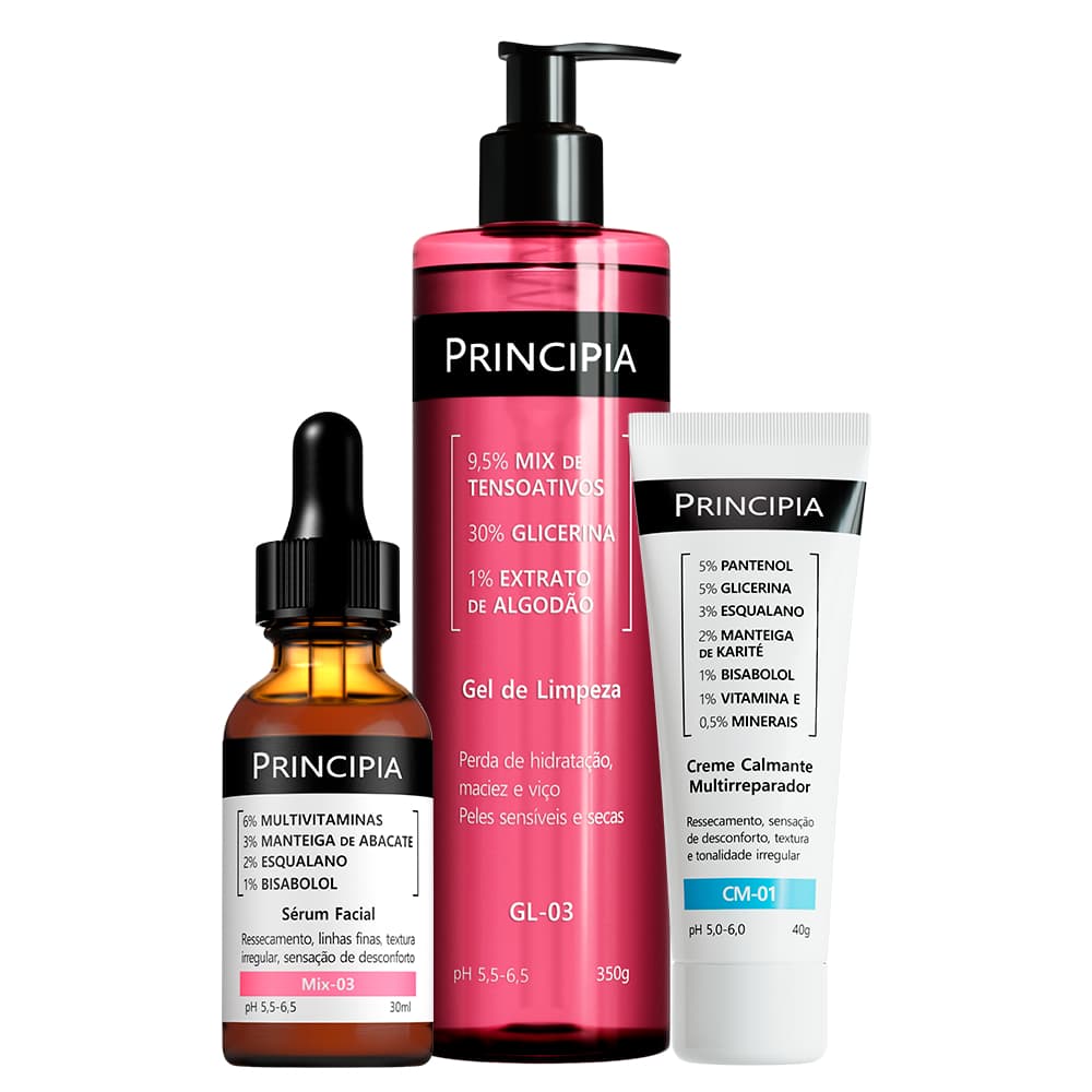 Principia Kit Recuperação da Pele c/ Gel de Limpeza GL-03 + Sérum Mix-03 + Creme Calmante Multirreparador CM-01