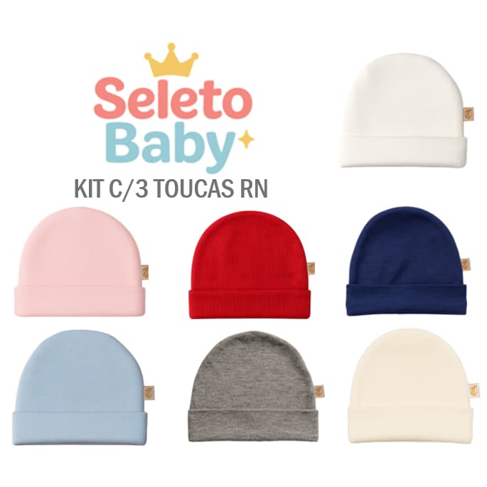 Kit com 3 Toucas RN Maternidade Algodão Premium Super Macio | Toquinha Enxoval Bebe