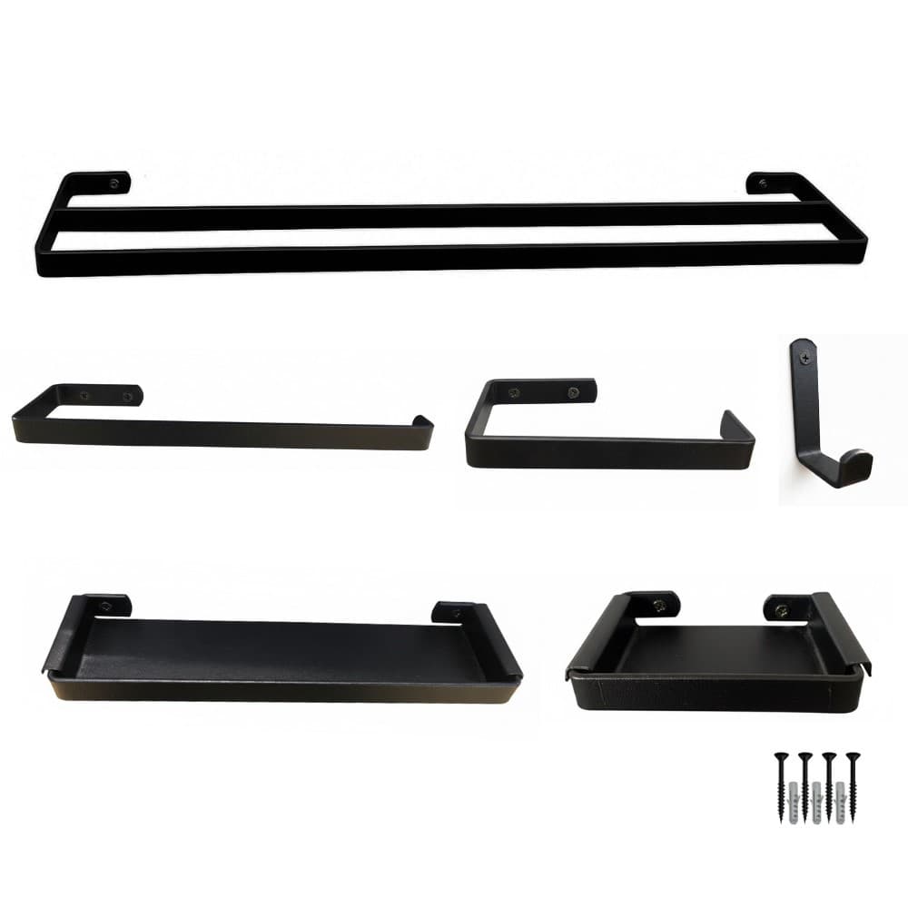 Kit Completo Assessórios Para Banheiro Preto Toalheiro Duplo Saboneteira Porta Shampoo