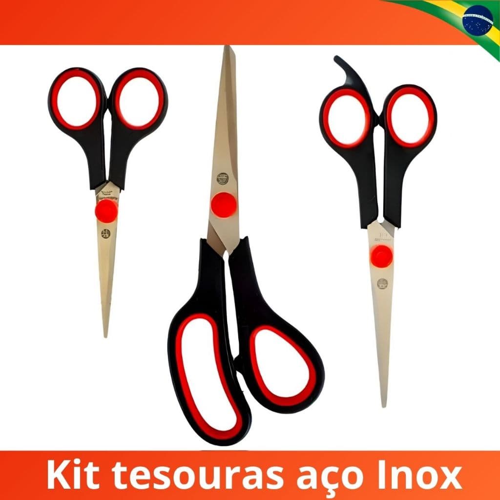 Kit 3 Tesouras Aço Inox Costura Multiuso Tesoura para Artesanato 21, 19 e 14cm