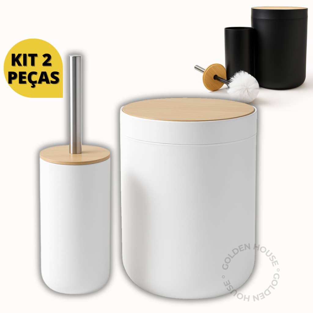 Kit 2 Peças Banheiro Lixeira C/ Tampa Escova Sanitaria Detalhes Em Bambu Premium