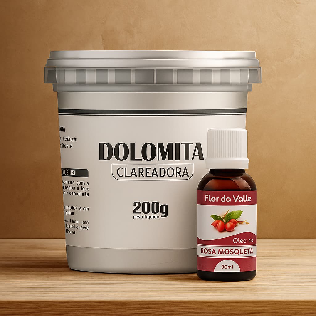 Dolomita Clareadora 200g Pote mais Óleo de Rosa Mosqueta 30ml Cuidados Naturais com a Pele