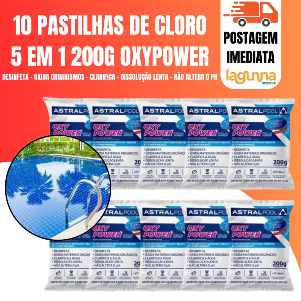 Kit 10 Pastilhas/Tablete Cloro Para Piscinas Oxy Power Pro Multiação 5 Em 1 - 200g Astralpool