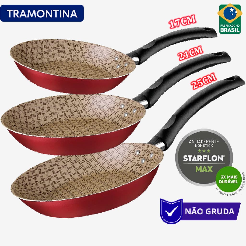 Jogo Conjunto de Frigideiras Tramontina Turim 03 Unidades N16 N21 N24 Antianderente Vermelha
