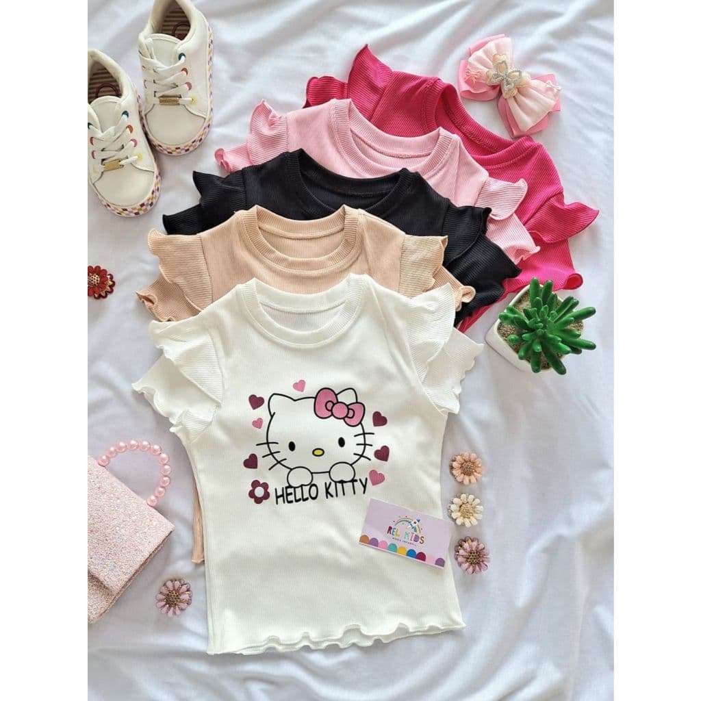 Blusa Infantil Feminina Hello kitty Corações Manga Dupla Casual Menina Canelado Ribana DTF07